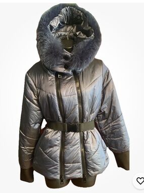 NWT LANDI Italy Quilted Coat Jacket Belted  Removable Hood Fox Trim IT 44 US L